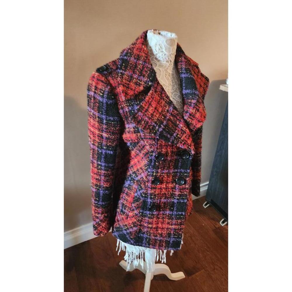 Flawless Nicole Miller New York plaid wool coat adorable pea coat jacket S
